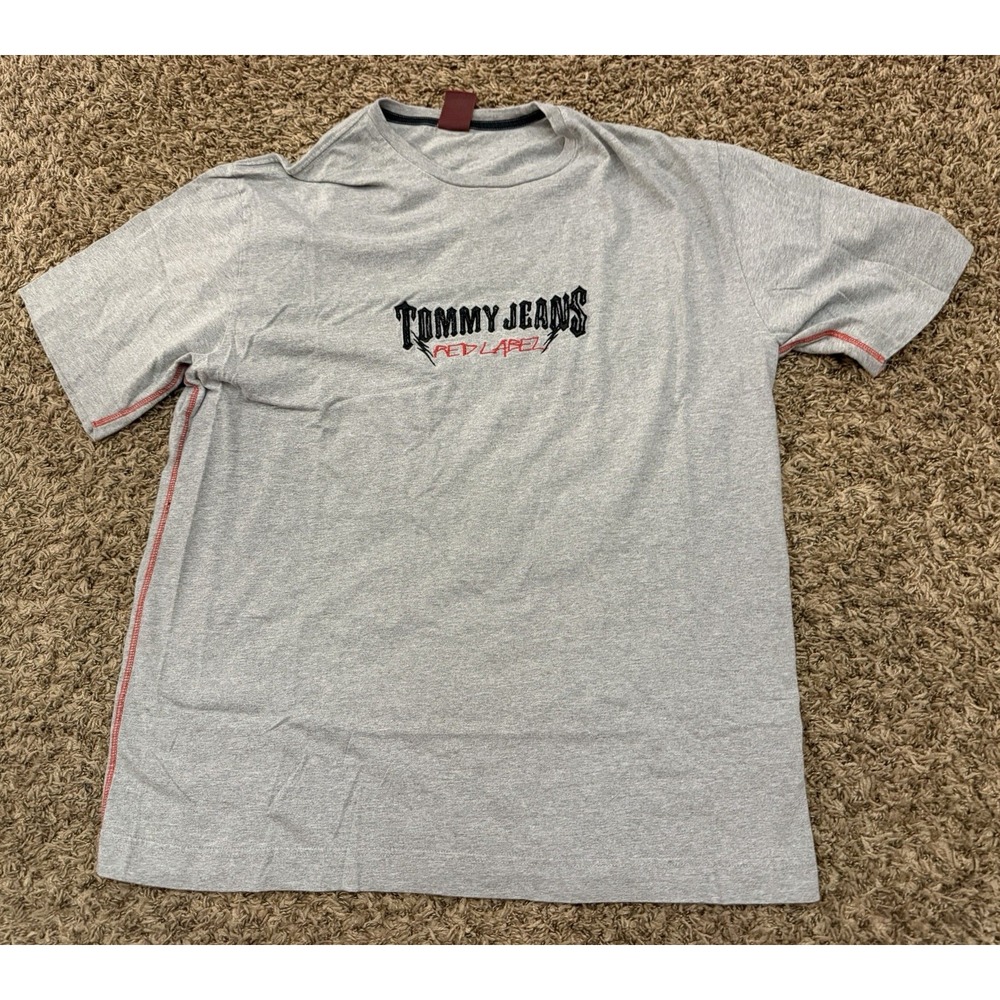 Vintage Tommy Hilfiger Red Denim Label T-Shirt Gray Mens Size XL